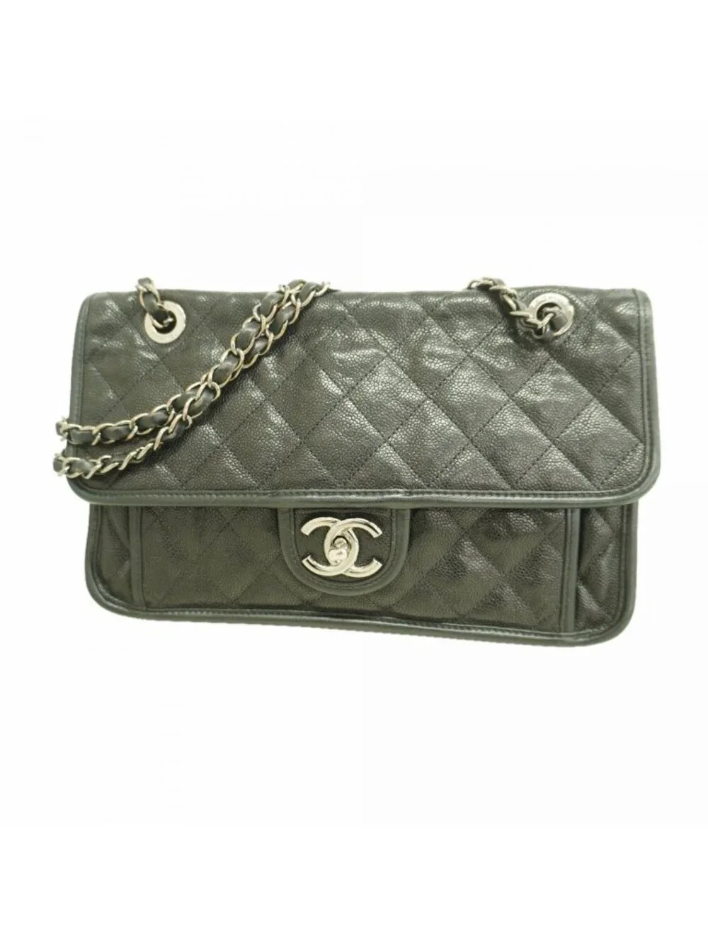 Chanel Shoulder Bag Quilted Caviar Leather Black Silver